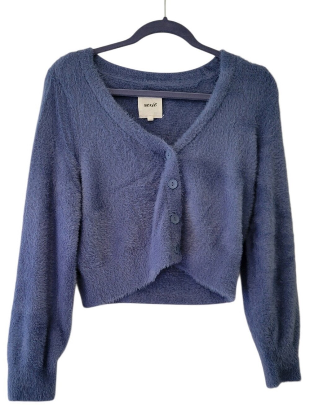 Aerie Blue Fuzzy Cozy Cropped Long Sleeve Cardigan Size S